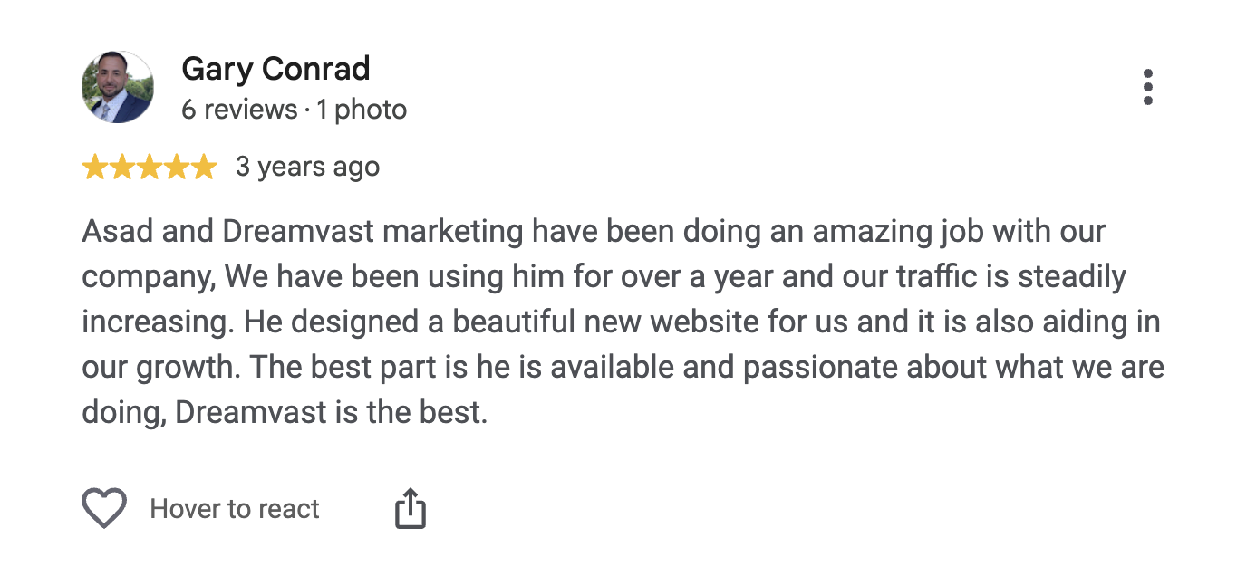 Five-star Google review from Gary Conrad praising Dreamvast Agency for increasing company traffic, designing a beautiful new website and supporting the company's growth
