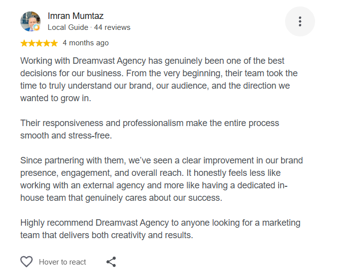 Five-star Google review from Imran Mumtaz saying working with Dreamvast Agency was one of the best decisions for the business, with clear improvement in brand presence, engagement and reach