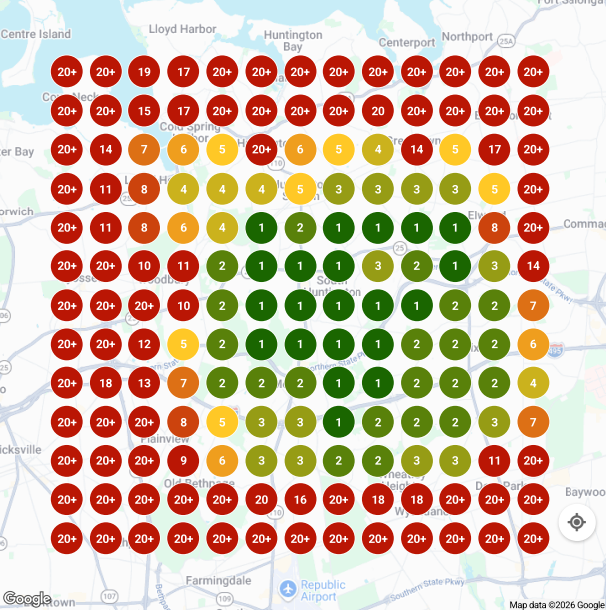 Google Maps ranking grid over the same Huntington, New York area in February 2026, showing a large cluster of green first, second and third place rankings through the center