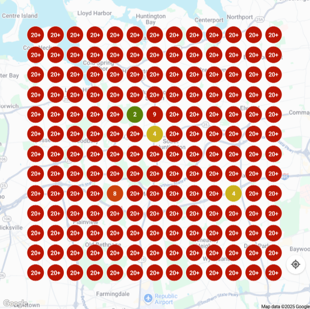 Google Maps ranking grid over Huntington, New York in September 2025, showing almost every point in red at position 20 or worse